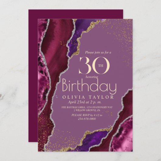Invitation 30ème moderne violet agate or fête d'anniversaire (Devant / Derrière)