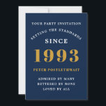 Invitation 30th Birthday 1993 Blue Gold Ajouter un nom année<br><div class="desc">Pour ceux qui fêtent leur anniversaire, nous avons la carte d'invitation idéale pour la fête d'anniversaire. L'élégant arrière - plan au design doré est simple et chic. Customisez facilement le texte à l'avant et à l'arrière de cette carte d'invitation d'anniversaire en utilisant le modèle fourni. Une partie de la gamme...</div>