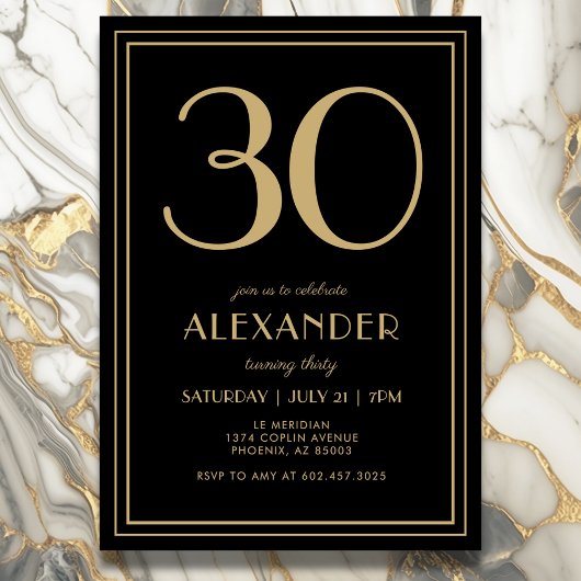 Invitation 30th Birthday Black and Gold Modern Minimal Adult