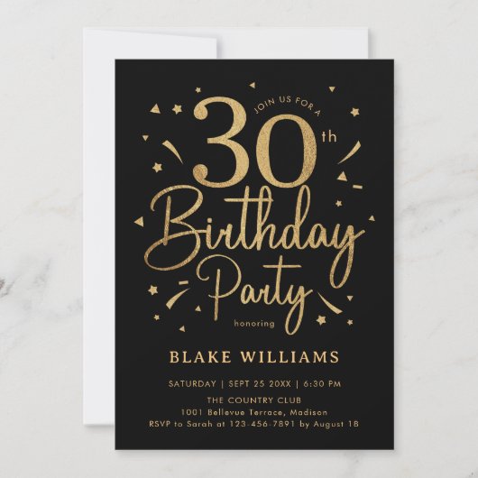 Invitation 30th Birthday Black Gold (Devant)