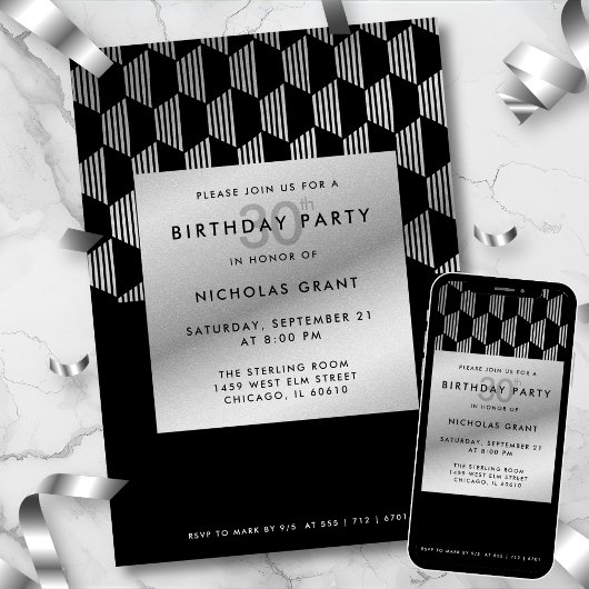 Invitation 30th Birthday Modern Black Faux Silver Foil