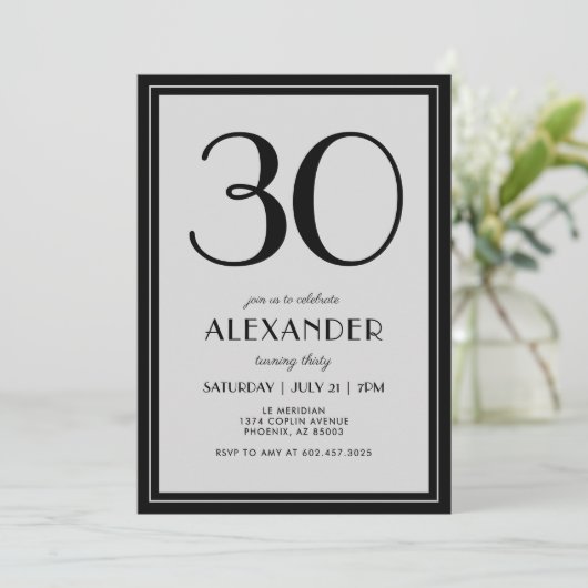 Invitation 30th Birthday Modern Minimalist Mens Black Gray (Debout devant)