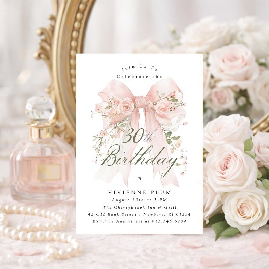 Invitation 30th Birthday Party Pink Coquette Bow Rose Floral