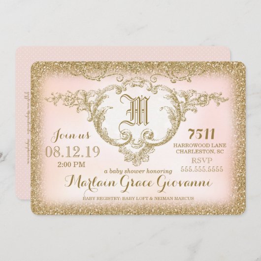 Invitation 311 Baby shower Monogramme Parties scintillant d'o (Devant / Derrière)