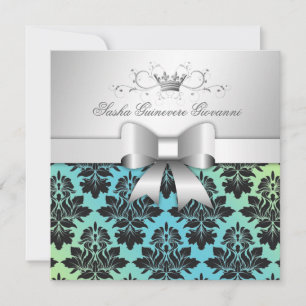 Invitation 311-Blackberry Damask Bow Turquoise Lime Sweet 16