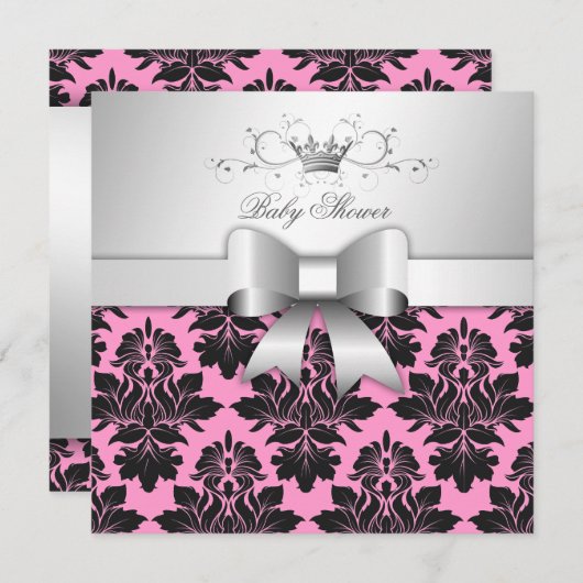 Invitation 311-Blackberry Sweet Pink Damask Bow| Baby shower (Devant / Derrière)