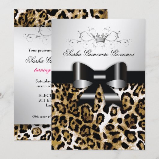 Invitation 311 Chic Brown Leopard Bow 5x7| Métalliques argent (Devant / Derrière)