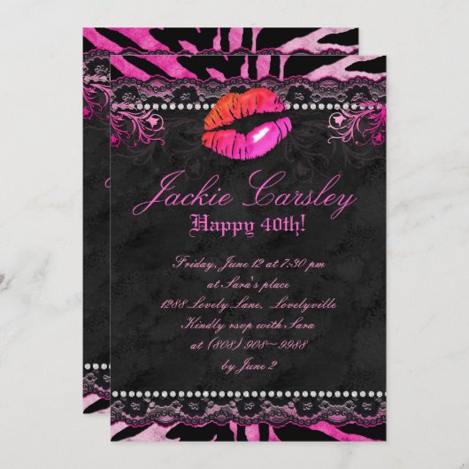 Invitation 311 Diamants de dentelle Fête d'anniversaire Zèbre (Devant / Derrière)