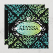 Invitation 311-Luxueusement Turquoise n' Lime Damask Sweet 16 (Devant / Derrière)