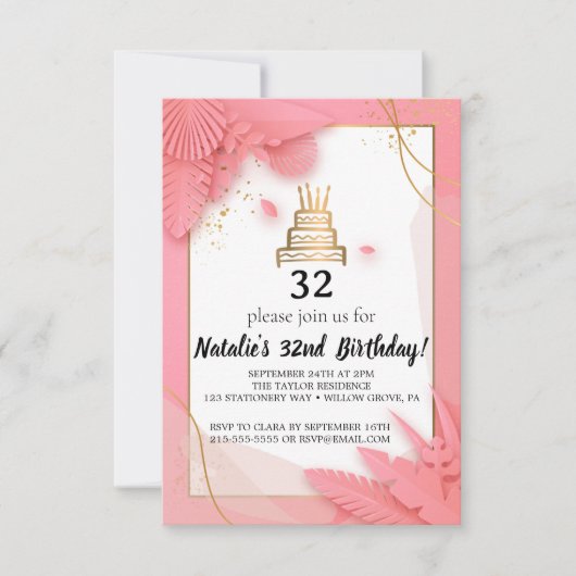 Invitation 32e anniversaire blanc et rose (Devant)