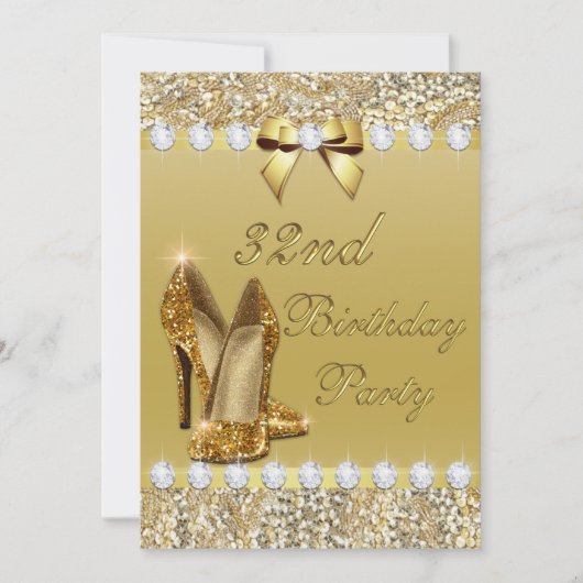 Invitation 32e anniversaire Classy Gold Heels Sequins Diamond (Devant)