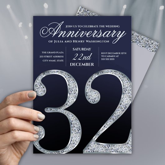 Invitation 32e anniversaire diamant bleu marine argenté