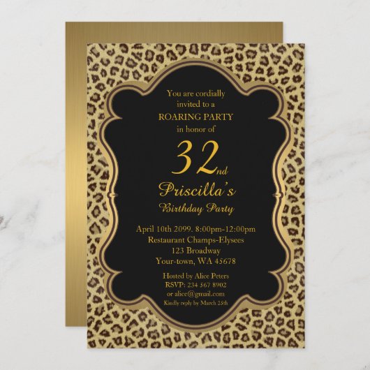 Invitation 32e, fête d'anniversaire 32e, Cheetah, Noir & Or (Devant / Derrière)