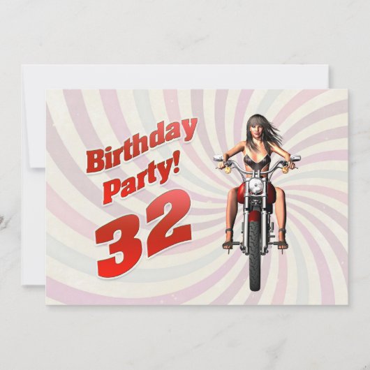 Invitation 32ème anniversaire avec une fille sur une moto (Devant)