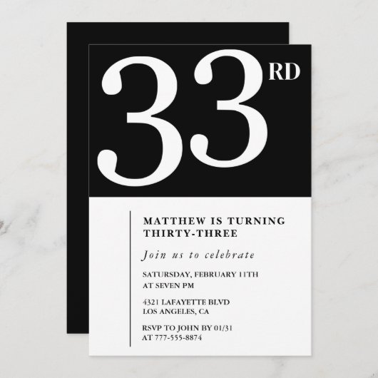 Invitation 33e anniversaire Black White Man (Devant / Derrière)