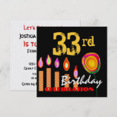 Invitation 33e anniversaire bougies d'or et ballon métallique (Devant / Derrière)