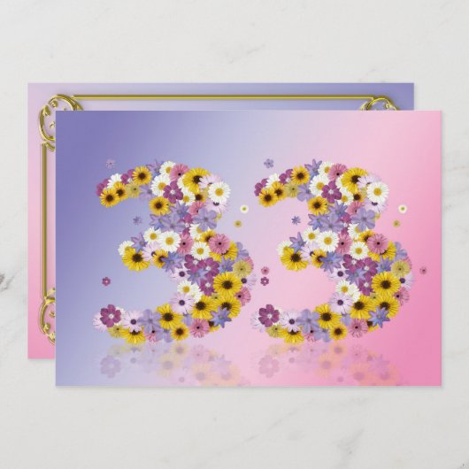 Invitation 33e fête d'anniversaire, avec des lettres fleuries (Devant / Derrière)