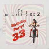 Invitation 33ème anniversaire avec une fille sur une moto (Devant / Derrière)