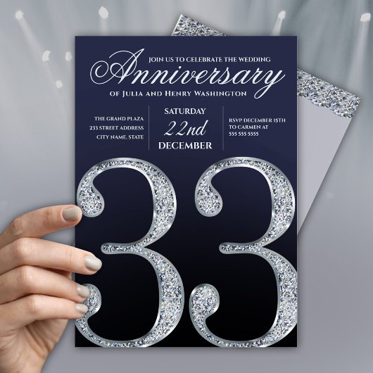 Invitation 33rd Anniversary Diamond Silver Navy Blue