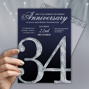 Invitation 34e Anniversaire Diamant Argent Bleu Marine
