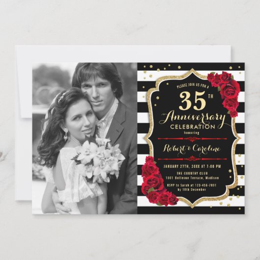 Invitation 35e anniversaire avec photo - Noir Rouge Or (Devant)