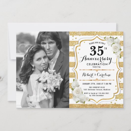 Invitation 35e Anniversaire avec Photo - Or Blanc (Devant)