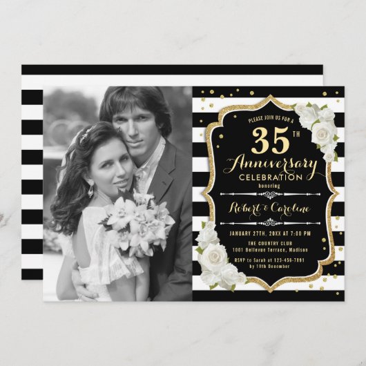 Invitation 35e anniversaire avec photo - Or Noir (Devant / Derrière)