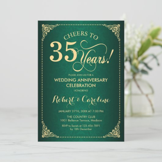 Invitation 35e anniversaire de mariage - Damask Vert Or (Debout devant)