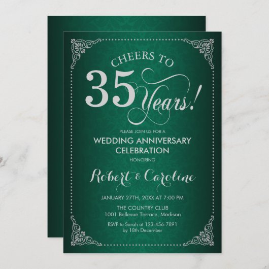 Invitation 35e anniversaire de mariage - Damassé argenté vert (Devant / Derrière)