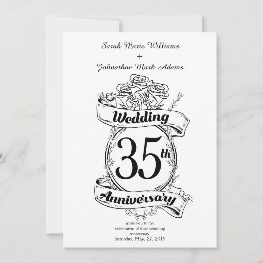 Invitation 35e anniversaire du Mariage Fleurs noir et blanc (Devant)