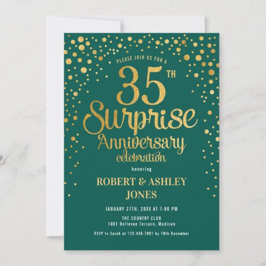 Invitation 35e anniversaire du Mariage surprise - Vert & Or (Devant)