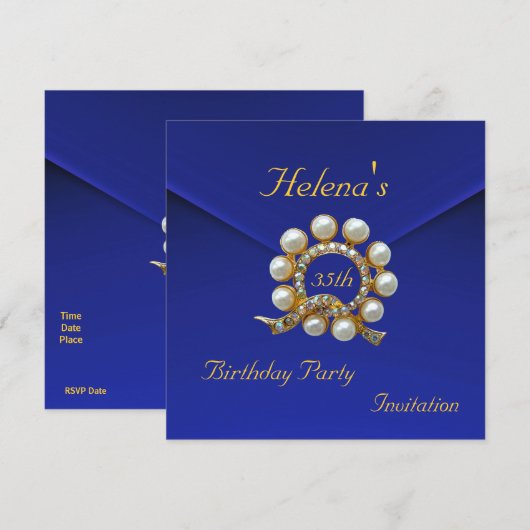 Invitation 35e Anniversaire Fête Bleu Riche Faux Velvet (Devant / Derrière)