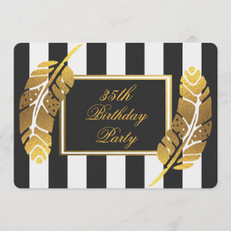Invitation 35e Anniversaire Plumes d'or Blancs noirs