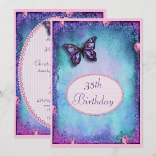 Invitation 35e Faux Pailletage, Papillon, Roses & Dentelle