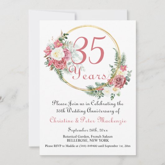 Invitation 35e Mariage Coral Anniversaire Rose Gold Frame (Devant)