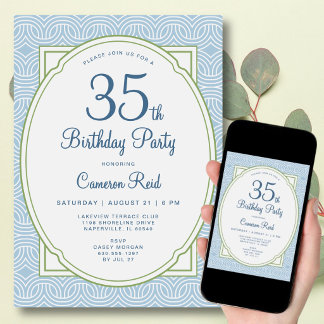 Invitation 35th Birthday Adult Any Age Modern Stylish Blue