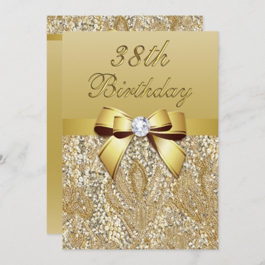 Invitation 38e anniversaire Gold Faux Sequins et Bow (Devant / Derrière)