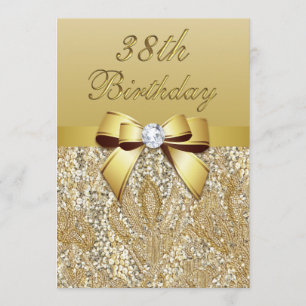 Invitation 38e anniversaire Séquins et Bow Gold Faux