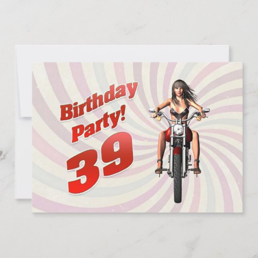 Invitation 39ème anniversaire avec une fille sur une moto (Devant)