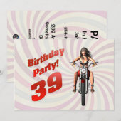 Invitation 39ème anniversaire avec une fille sur une moto (Devant / Derrière)