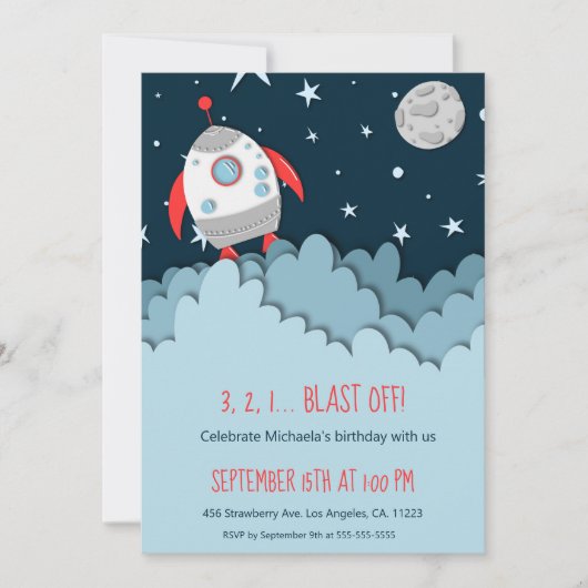Invitation 3 2 1 Blast Off ! Rocket Ship Space Premier annive (Devant)