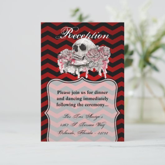 Invitation 3.5x5 Cardskull Rose goth Chevron noir (Debout devant)