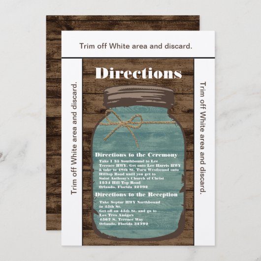 Invitation 3.5x6 Directions Card Mason Jar Wood Country Rusti (Devant / Derrière)