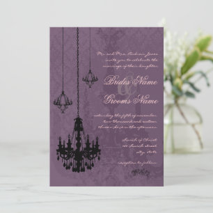 Invitation 3 Chandeliers noirs Aubergine Damassé Mariage