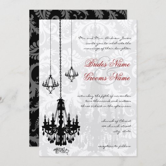 Invitation 3 Chandeliers noirs Ombre Mariage damassé I (Devant / Derrière)