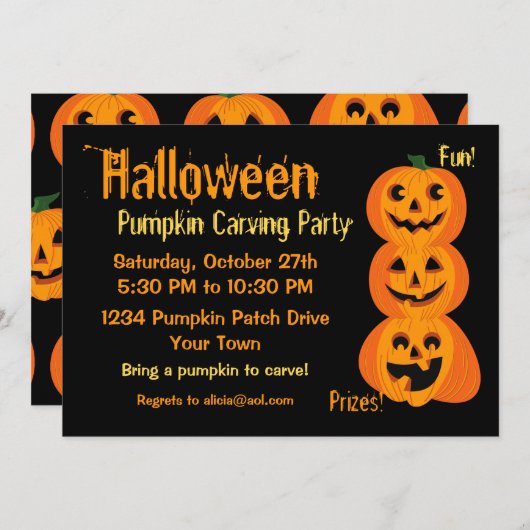 Invitation 3 Citrouilles d'Halloween (Devant / Derrière)