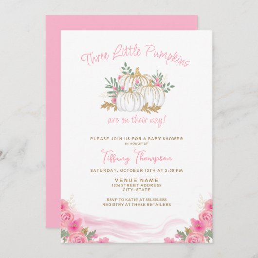 Invitation 3 Citrouilles en chemin Automne fille Triplets Bab (Devant / Derrière)