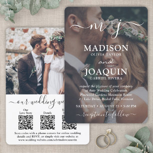 Invitation 3 codes QR Tout en un Mariage photo monogramme