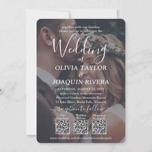 Invitation 3 codes QR Tout en un moderne 2 photo Mariage blan (Devant)
