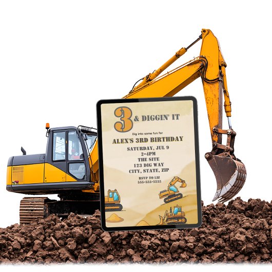 Invitation 3 & Diggin It, Construction Vehicle 3rd Birthday
